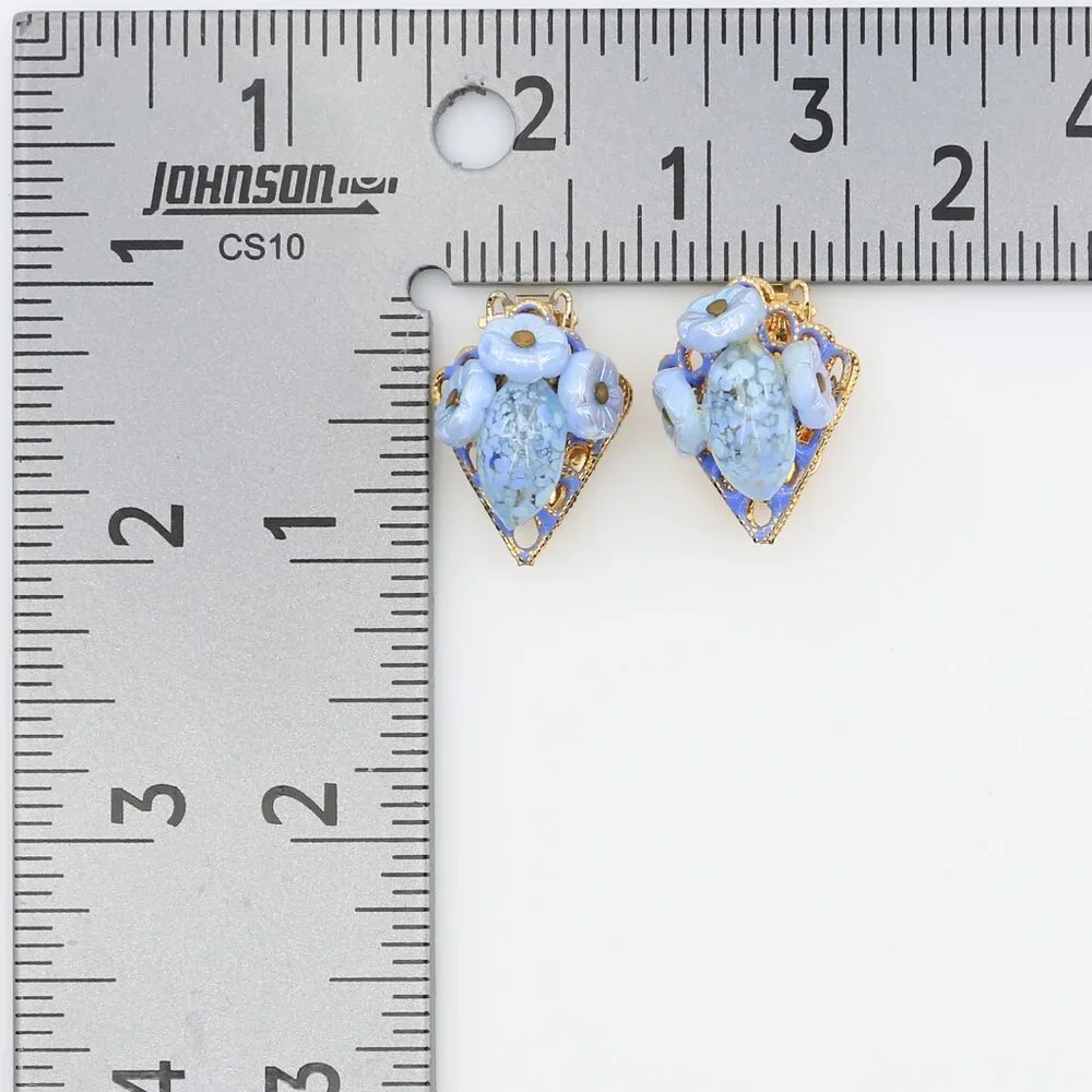 Vintage Hobé Blue Iridescent & Speckled Art Glass‎ Floral Clip On Earrings 1950s